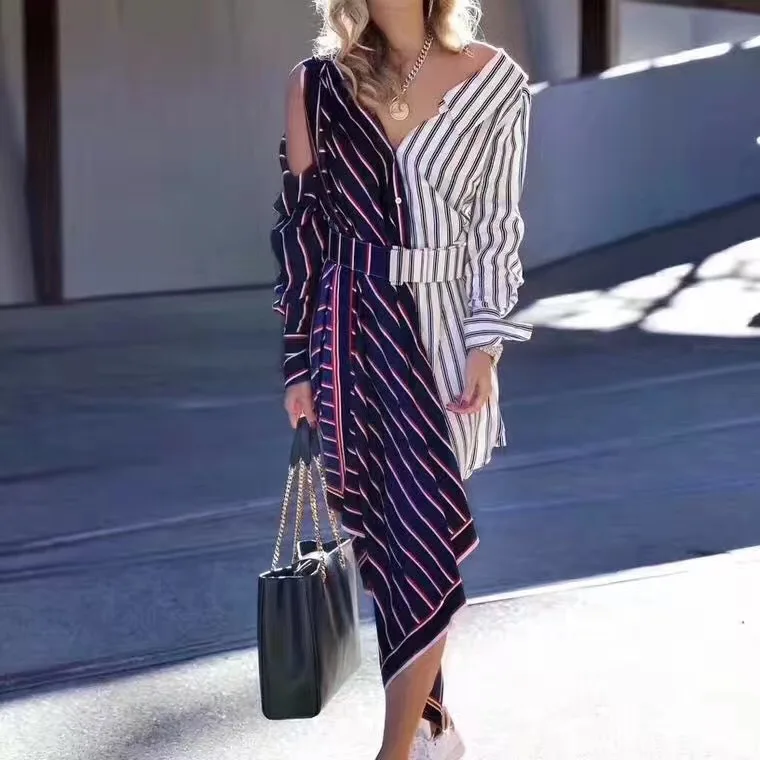 

ZIPIPIYF High Quality 2018 Spring Summer runway fashion spliced striped v neck off shoulder sashes asymmetrical sexy dress G0102