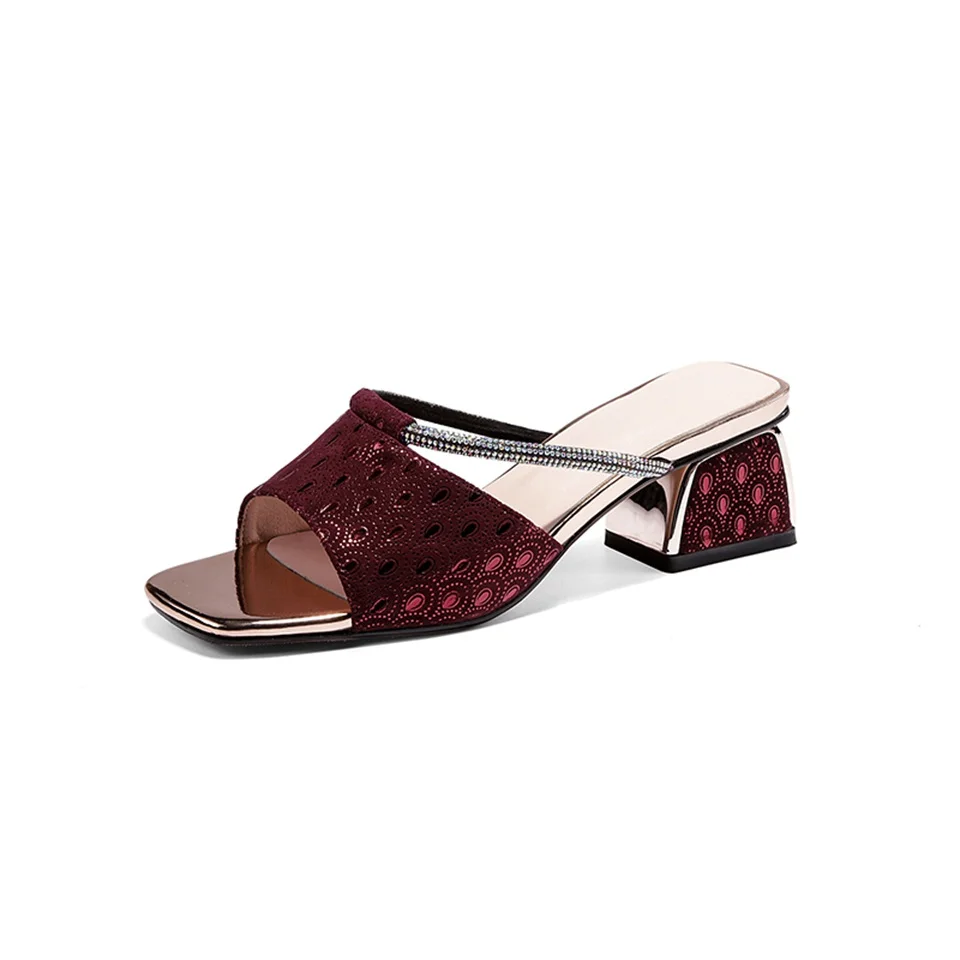 

Women's Slippers High Quality Leather Fabric Comfort Inside 4CM Square Heel Open Toe Sandals Handmade Shoes Women Slippers