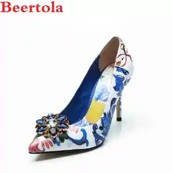 

Beertola Real Leather Women Pumps Print Flowers Pointed Toe Crystal Flowers Dress Shoes Women Slip On Designers Chaussures Femme