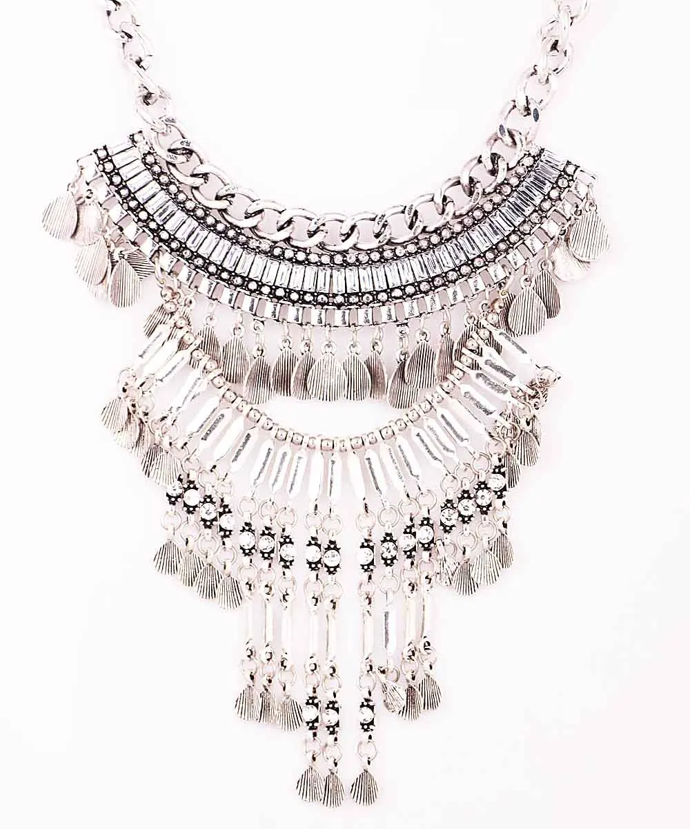 

New Handmade Fashion Woman Noble Antique Silver Leaf Style Pendant Multilayer Crystal Bib Statement Chunky Choker Necklace