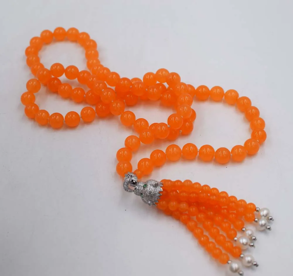 

orange jade round 10mm 6mm &white pearl round leopard clasp tassel necklace 33inch wholesale beads nature gift discount FPPJ