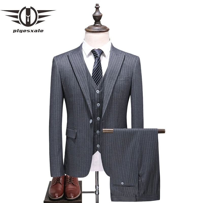 

Plyesxale Grey Striped Suit Men Latest Wedding Suits For Men Slim Fit Mens Business Suits High Quality 3 Piece Formal Wear Q376