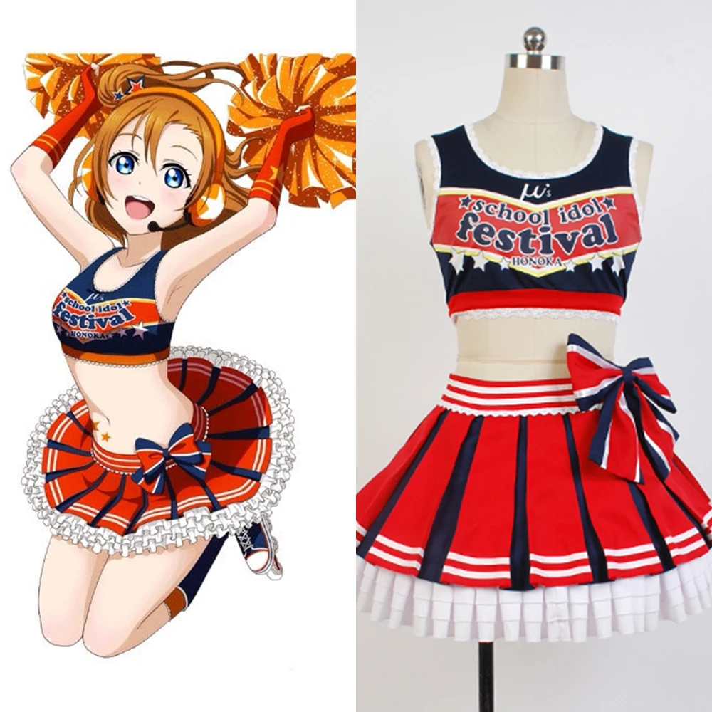 Սիրիր ապրիր: Honoka Kousaka Cheerleader Կանանց Աղջիկներ Ամառային համազգեստ Զգեստ Լողազգեստներ Հելոուին Փարի Cosplay զգեստների ամբողջական հավաքածու