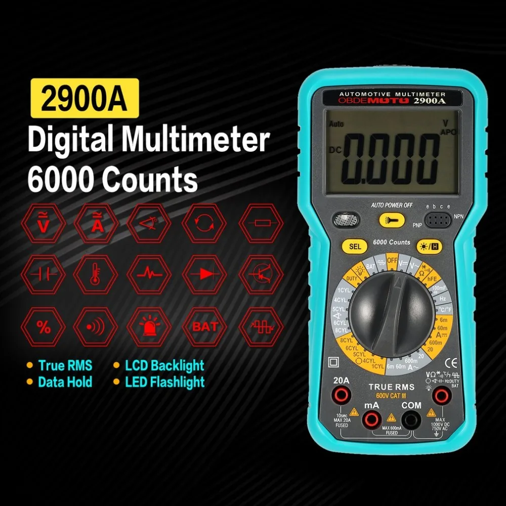 2900A Digital Automotive Multimeter 6000 Counts True RMS AC/DC Volt Amp Ohm Dwell Angle Rotational Speed Temperature Tester