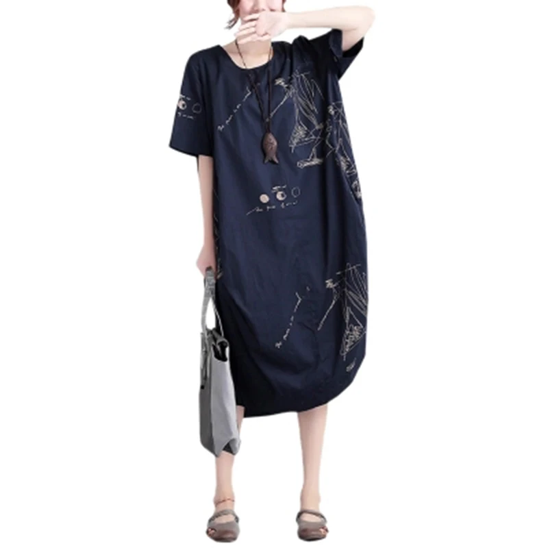 

2018 Summer Women Elegant Fashion Print Cotton and Linen Dress Female O-Neck Short Sleeve Casual Robe Gown Vestidos F31