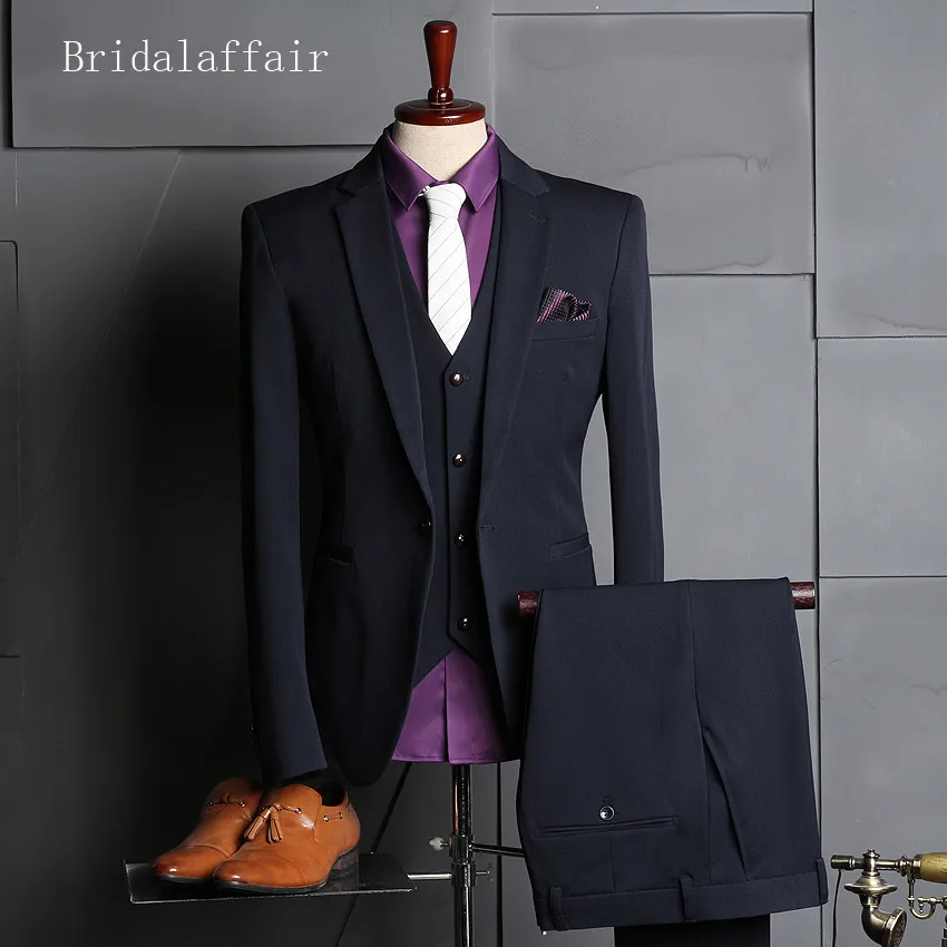 Bridalaffair новые свадебные темно-синие костюмы Мужской Блейзер мужские темно-синие деловые костюмы смокинг жениха 3 шт. пиджак брюки жилет