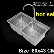 Посуда для мытья дома, прочная, 304 нержавеющая сталь, большая кухонная ручная раковина, двойной паз, 80x43 см