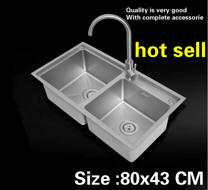 Бесплатная доставка Лидер продаж бытовой мыть посуду прочный 304 нержавеющая сталь большой Кухня ручная раковина двойной паз 80x43 см