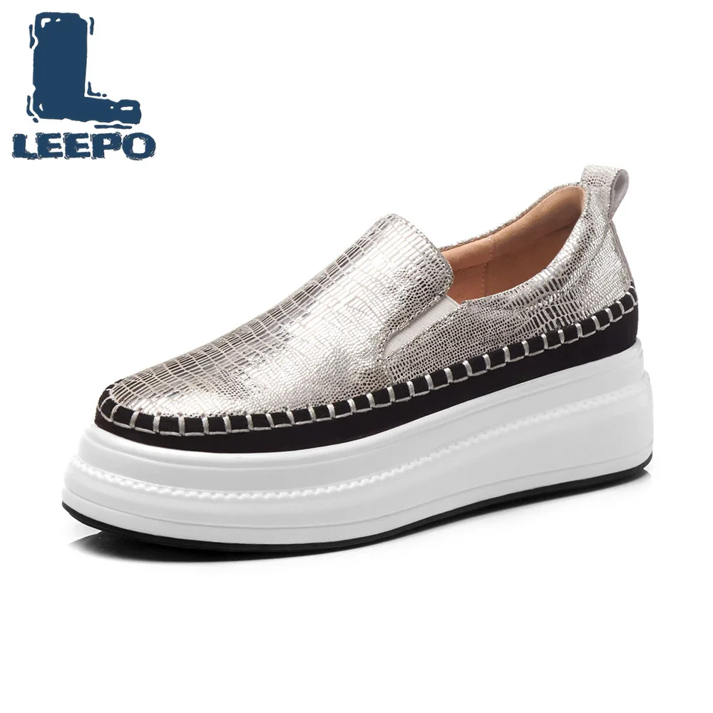 

Platform Loafers Shoes for Women Luxury Handmade Genuine Leather Silver Flats Shoes Ladies Glitter Slip-On Loafers Flats