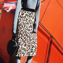 Осенняя Новинка, ретро леопардовая эластичная трикотажная юбка с высокой талией и открытым разрезом Дамская длинная юбка