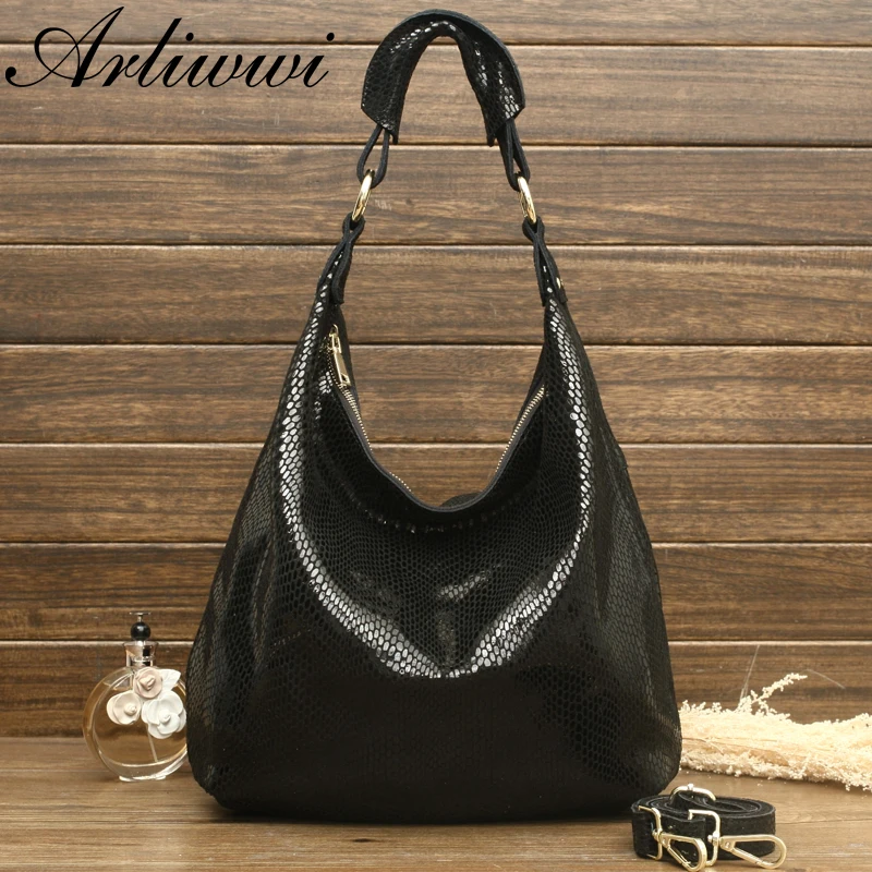 Arliwwi 100% Genuine Leather Shiny Serpentine Shoulder Bags Big Casual Soft Real Snake Embossed Skin Big Bag Handbags Women