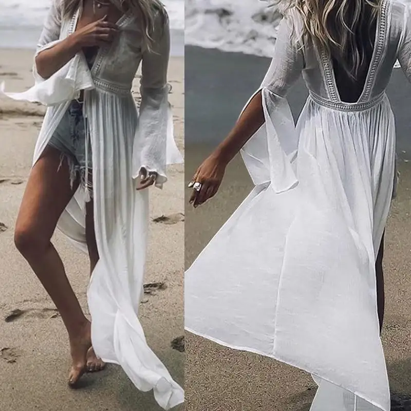 

Celmia 2019 Summer Long Tops Kimono Cardigan Women Sexy Backless Casual White Lace Blouse Flare Sleeve Blusas Beach Cover Up 5XL