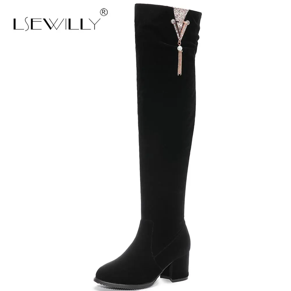 

Lsewilly 2018 new short plush autumn winter long boots zipper flock elegant prom high heels shoes thigh high boots women S731