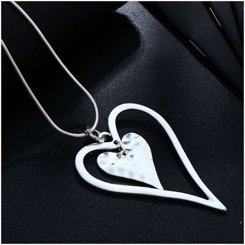 

New Charms Jewelry Long Silver Pendant Necklace Alloy Love Heart Necklace For Women Gifts for Girl Statement Necklace