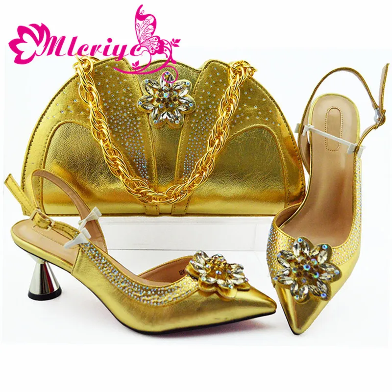 Gold Shoes And Bag Set Decorated With Liques African Women Matching Italian For Wedding Nigerian Bags