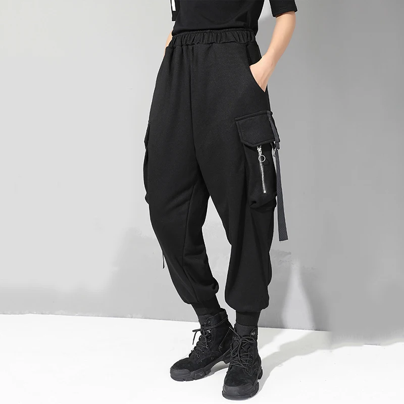 [EAM] новые осенние зимние черные свободные шаровары с высокой эластичной талией и карманами, модные женские брюки JQ015 - Цвет: black