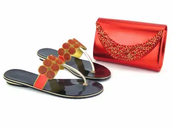

Most popular red women sandals and bag set with rhinestone african black low heel shoes match handbag set for dress V112-2