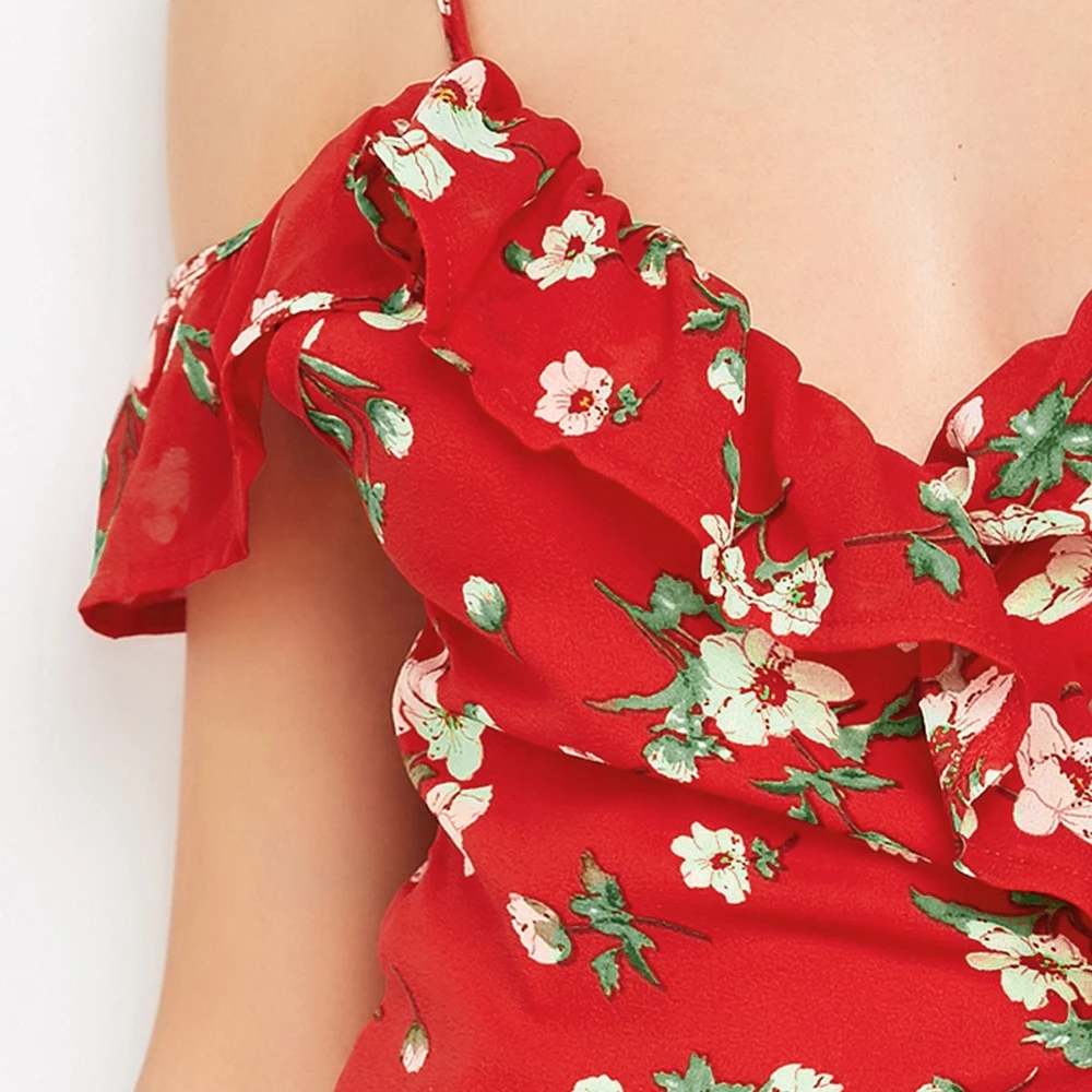 VESTLINDA Floral Print Mini Wrap Dress Red Spaghetti Strap V Neck Party Dresses Ruffles Asymmetrical Mini Vestidos Summer Dress 6