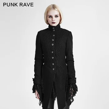 

Punk Rave Winter Women Steampunk Vintage Long Coat Female Lace Sleeve Gothic Wool Overcoat