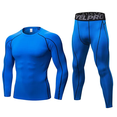 YEL компрессионный спортивный костюм для фитнеса, облегающий спортивный костюм, набор для бега, футболка, леггинсы, мужская спортивная одежда, спортивный костюм для спортзала - Цвет: blue