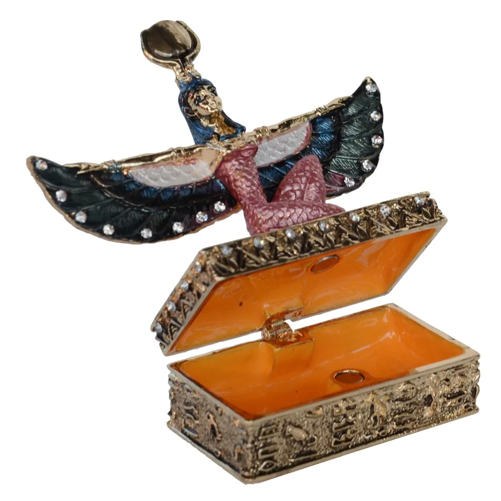 Egyptian Goddess Winged Isis Statue Golden Trinket Jewelry Box Figurine Miniature Birthday Gifts Ring Container