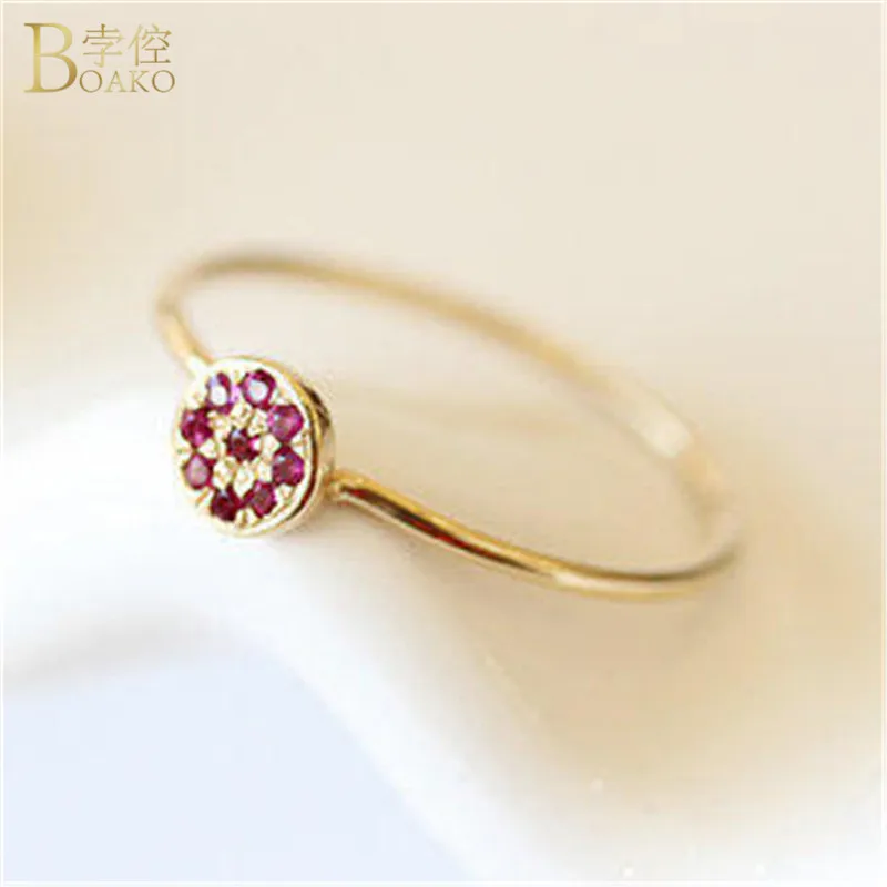 

BOAKO Dainty Red Crystal Rings for Women Simple Finger Jewelry Gold Color CZ Cubic Zirconia Ring Flower Wedding Band Anillos