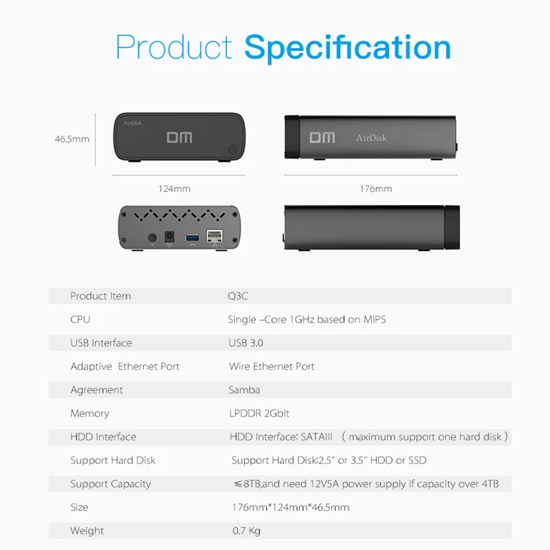 DM Q3C беспроводной WiFi портативный корпус жесткого диска USB3.0 на SATA для 2,5/3,5 дюймов wifi HDD Чехол черный цвет модный дизайн