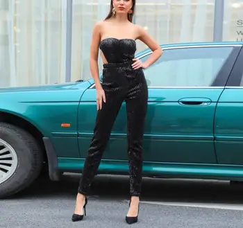 

Top Quality Sexy Sequin Jumpsuits Black Women Celebrity Night CLub Bodycon Party Strapless Jumpsuits Backless