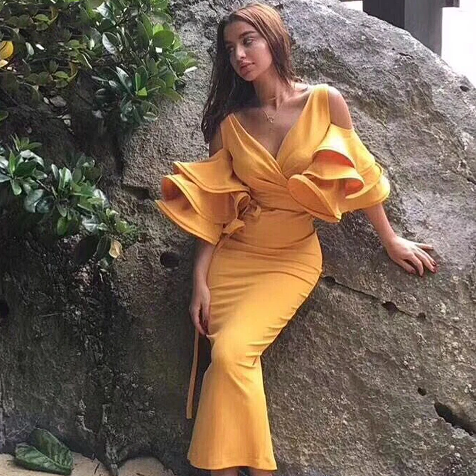 

New Summer Women Club Dress Vestidos Verano 2019 Celebrity Party Dress Yellow Red Ruffle Short Sleeve Midi Dress