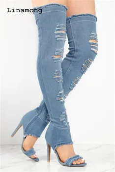 

2018 Chic Spring and Summer Over The Knee Boots Pointed long Zipper And Thin And High Heels Boots Round Toe Denim Boots