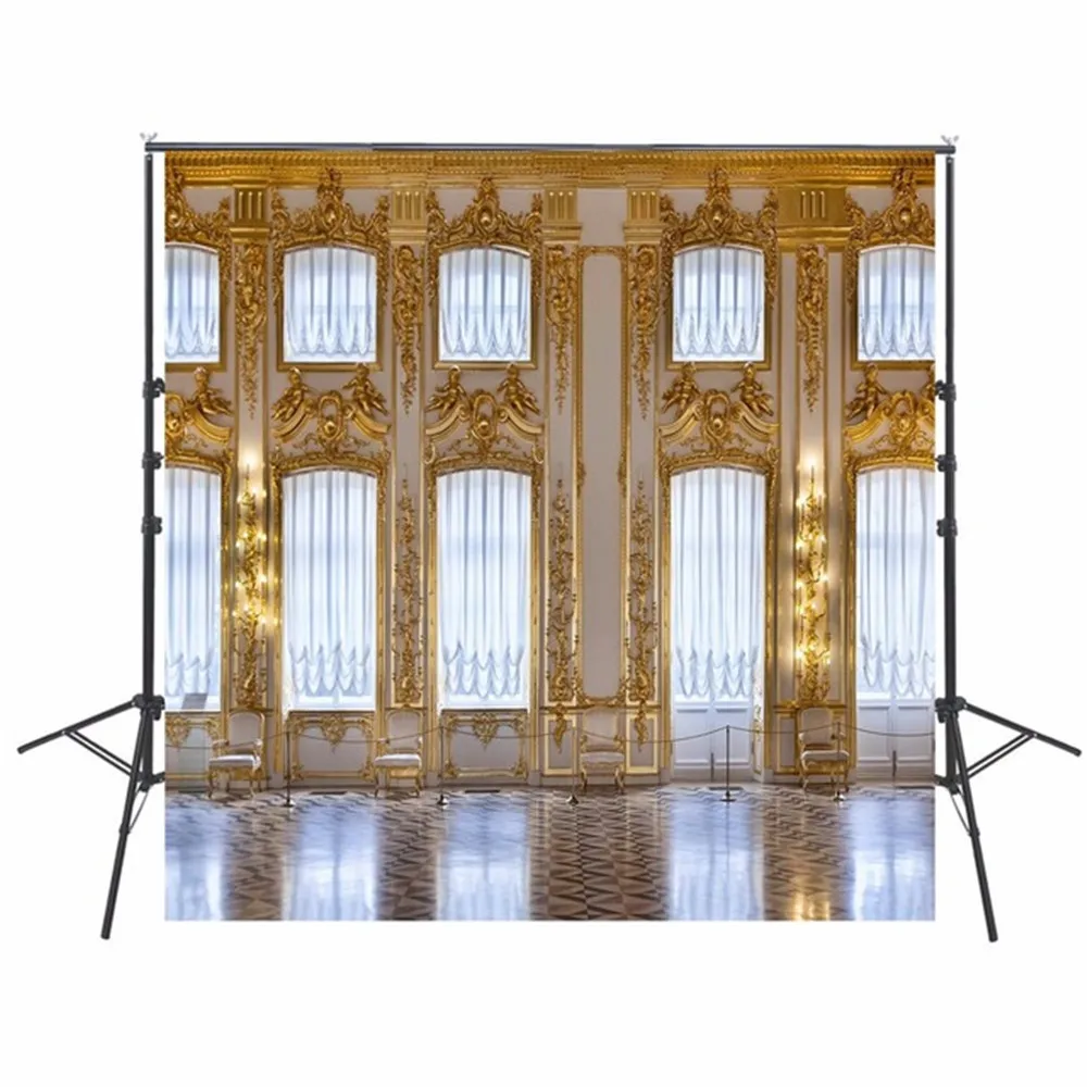 Фон для фотосъемки с изображением дворца с золотой Мозаикой на белой стене, занавески с яркими окнами, роскошные фотостудии