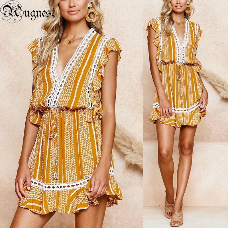 

Uguest Sexy Women Floral Dresses Striped Hollow Out V-neck A-line Sleeveless Loose Plus Size Dress Party Mini Summer Vestidos