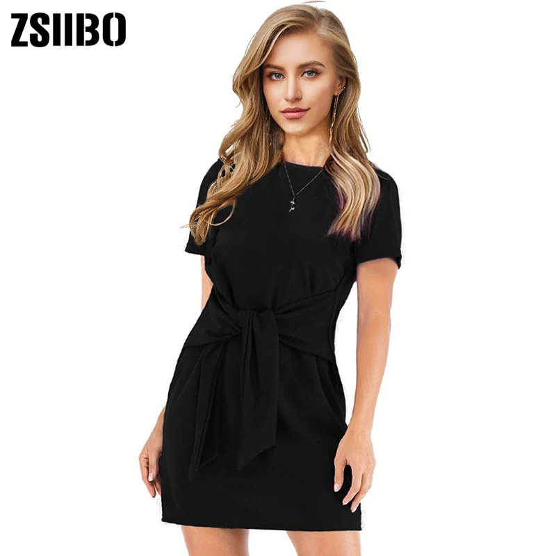 

ZSIIBO Summer autumn fashion Women's Loose Casual Front Tie Short Sleeve Bandage Party Dress Dropshipping