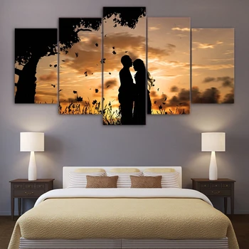 

Canvas Wall Art Pictures Home Decor 5 Pieces Under The Tree Couple Sunset Shadow Landscape Paintings HD Prints Posters Framework