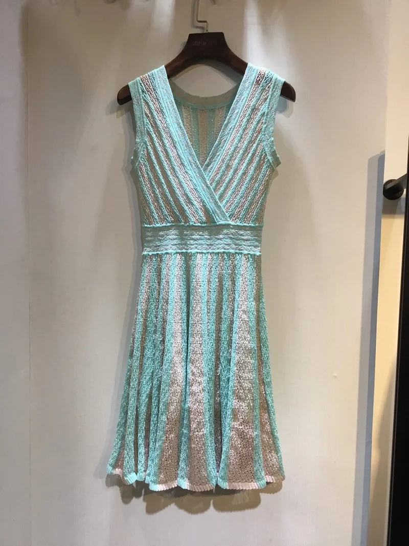 

2019 fashion women V neck striped Vest dress 2 color DCaress