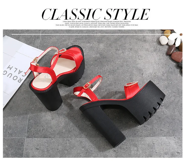 G-sparrow 14CM Comfortable Platform High Heels Thick Buckle Diamond Sandals Female Red Wedding Shoes Summer 2018 New Black36
