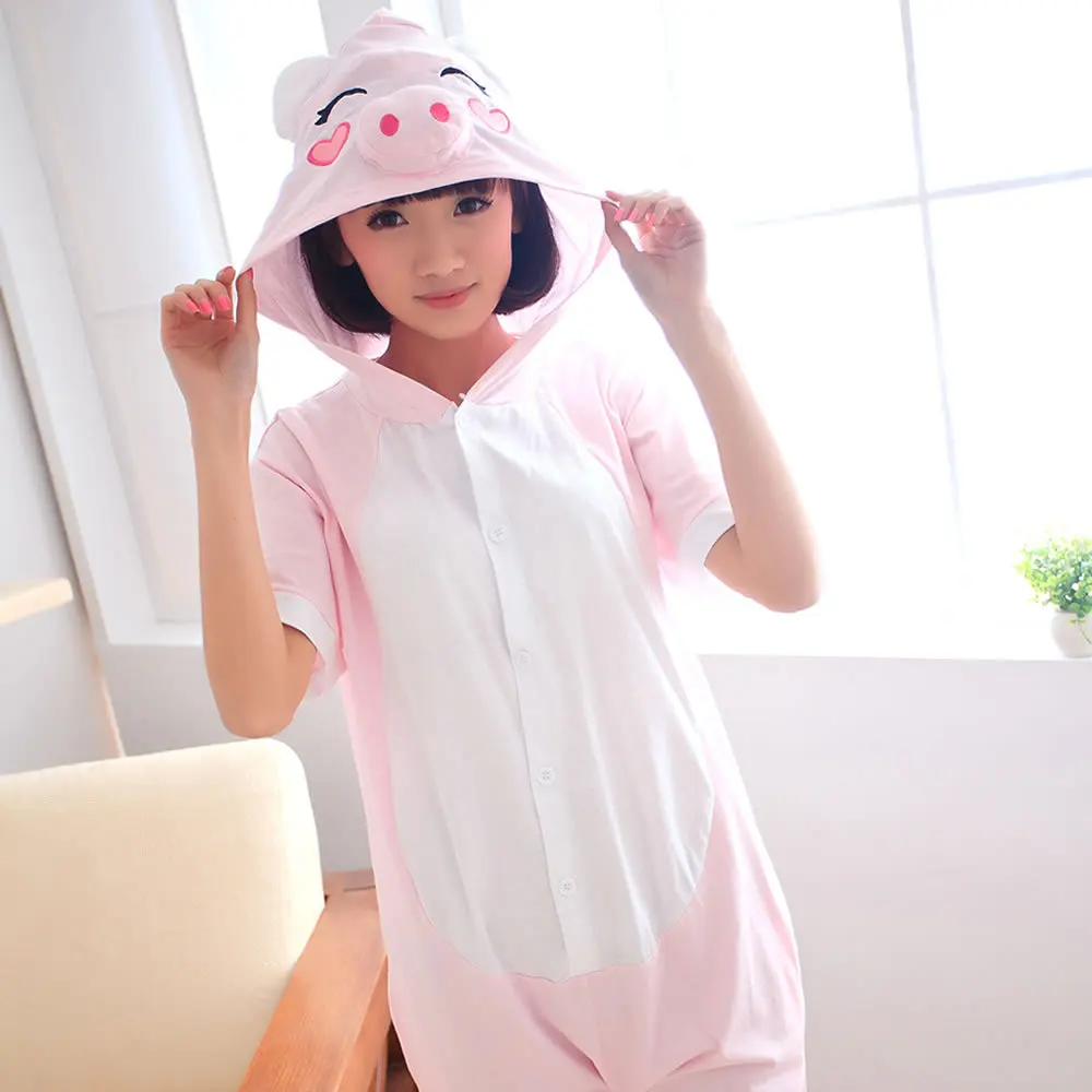 

Cool Summer Cute Girls Cartoon Pink pig onesies sleepwear Pyjama Thin Leisure Women Lady Short Sleeved Cotton Pajama Tracksuit