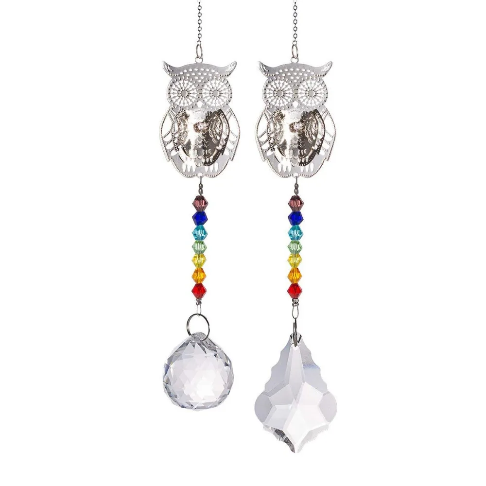 

Metal Animal Owl Christmas Pendant Window Hang Chandelier Prisms Rainbow Beads Chakra Suncatcher For Wedding Home Decor