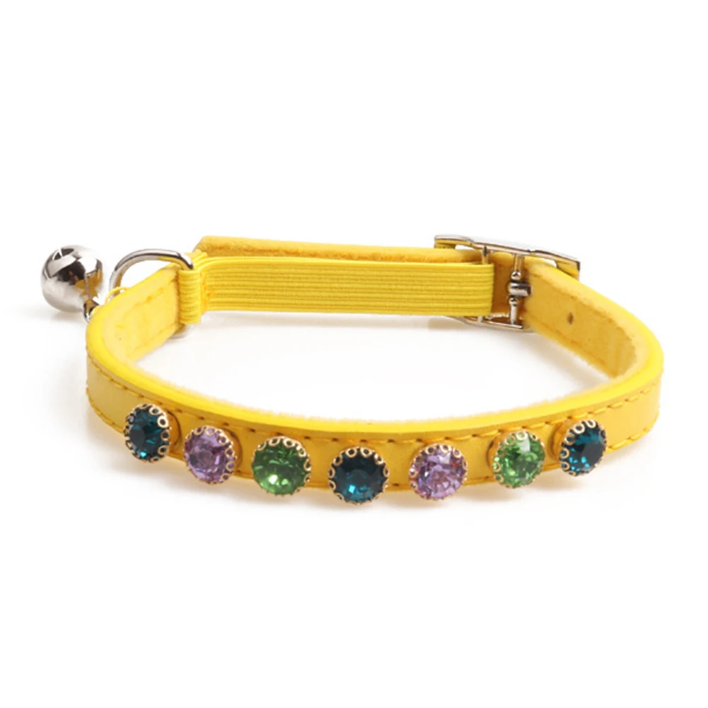 

Soft Adjustable Stretchy Cat Pet Collar Bling Rhinestone Anti-lost Easy To Open Accessories Faux Leather Dog Safety Ringing Bell