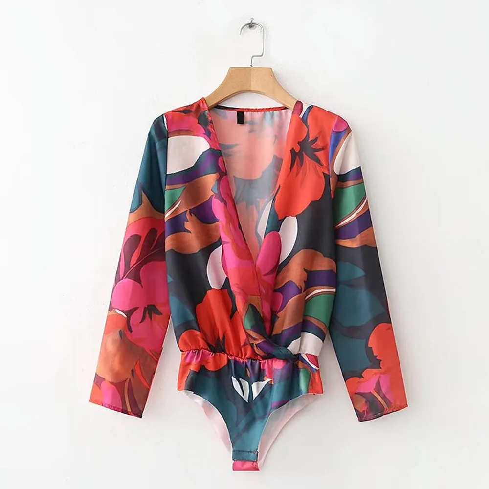 

ANSFX Sexy Red Folral Print Deep V-Neck fit Romper Body Siamese Bodysuit Casual Undershirt Vintage Women Long Sleeve Playsuits