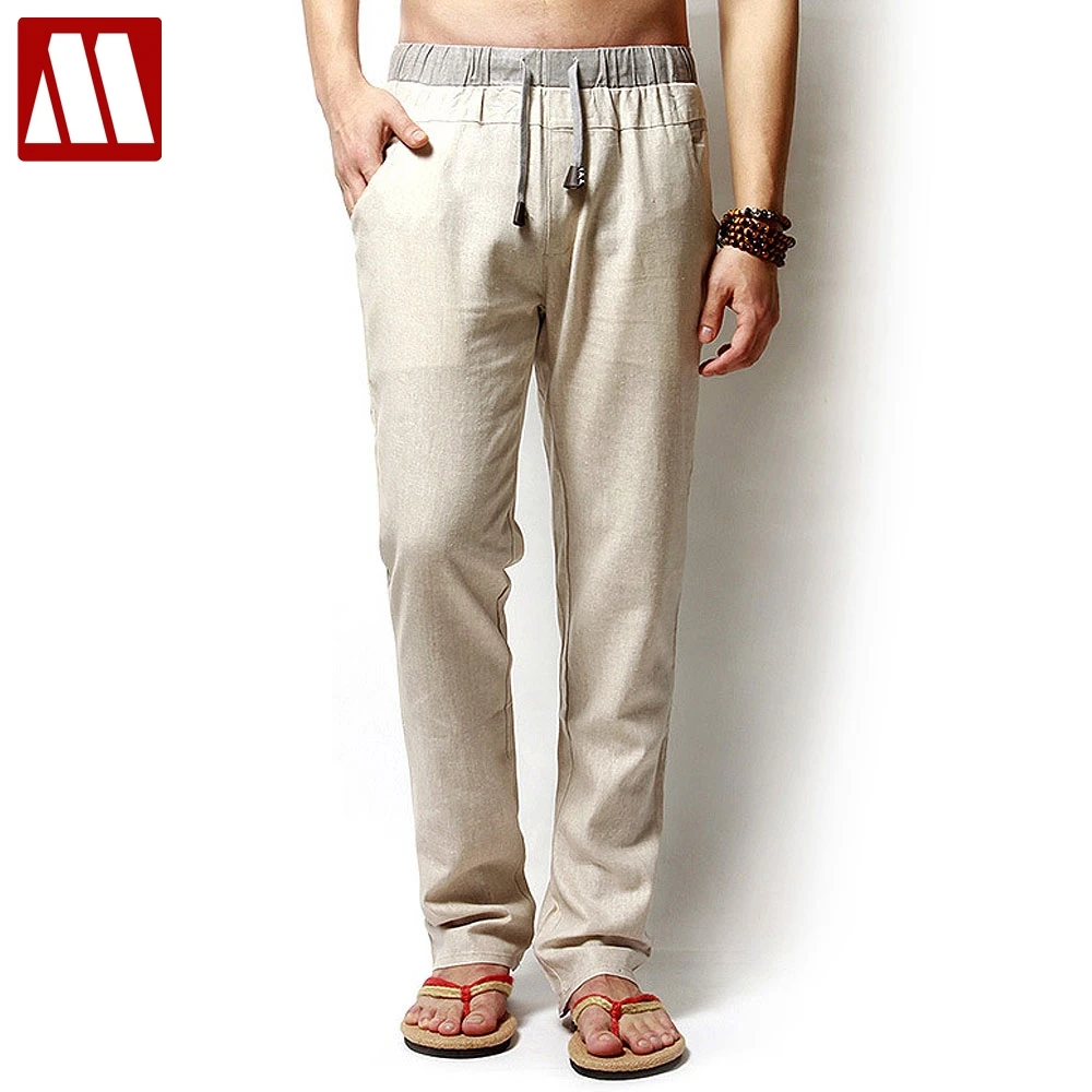 

Linen Pants Mens Loose Pants Long Trousers Summer Style Elastic Waist Linen Man Plus Size XXL XXXL XXXXL Color Beige Army Green