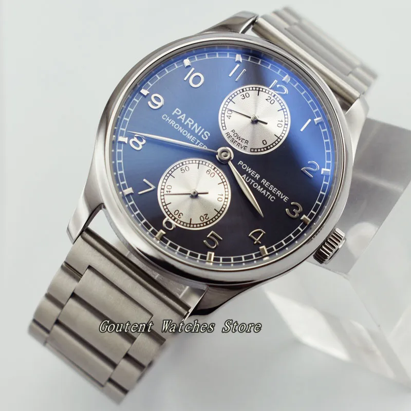 

43mm Parnis Blue Dial Power Reserve Stainless Steel Bracelet ST2542 Automatic Movement Men's Watch