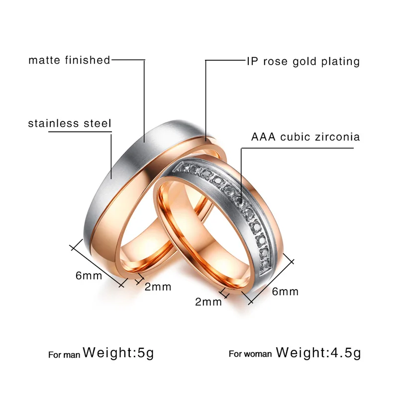 Vinterly Lovers Engagement Ring Rose Gold Color Stainless Steel Couple Wedding Bands CZ Stone Rings for Women Men Jewelry