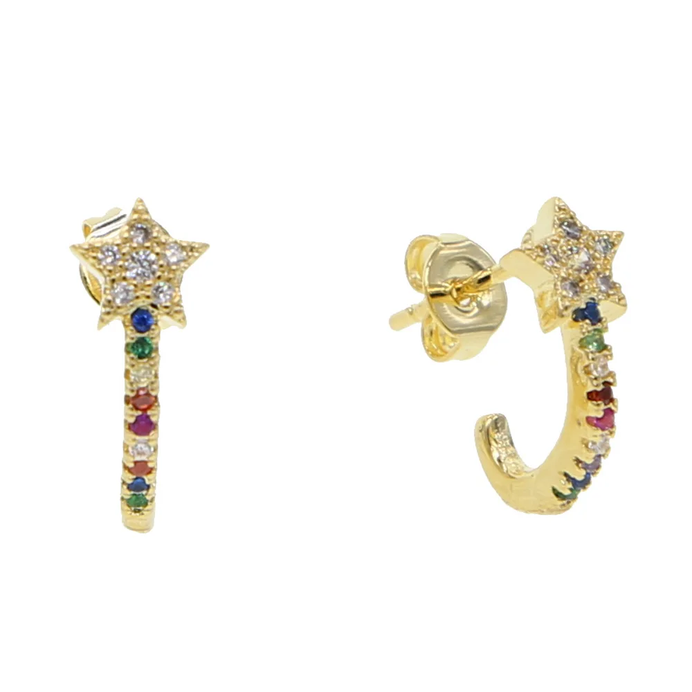 

Mini shiny design jewelry for women lady Mother's Day gift Gold filled colorful multi J shape stud rainbow cz star earrings