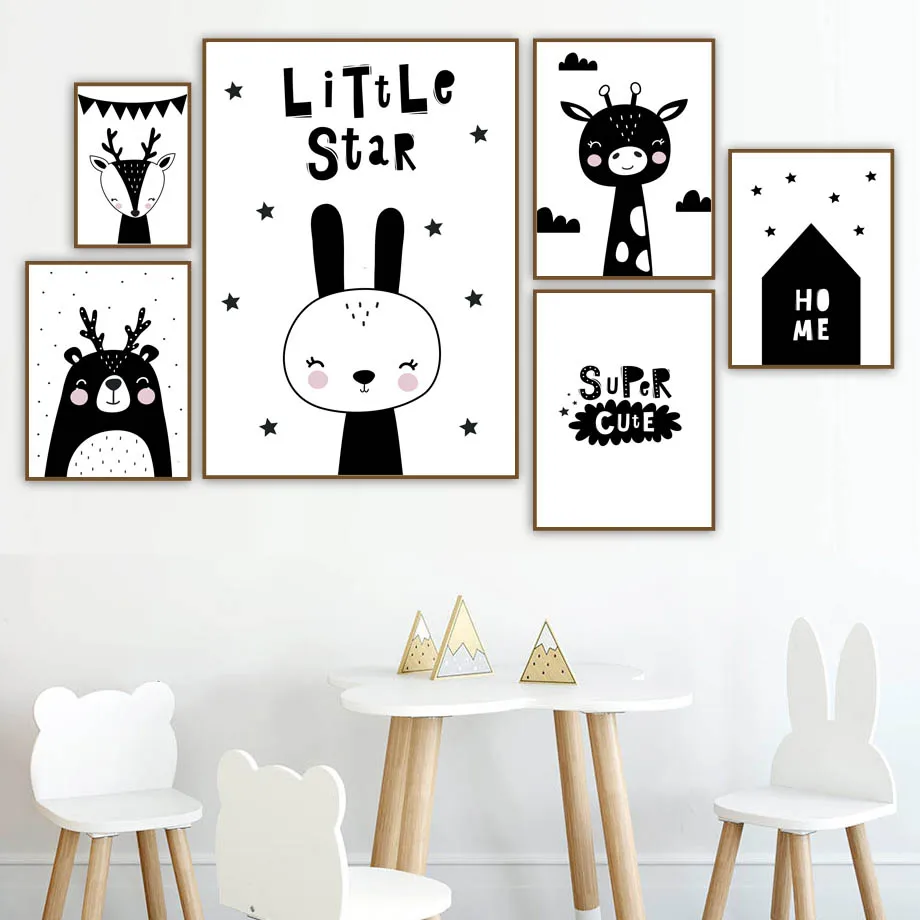 

Black White Cute Rabbit Deer Bear Giraffe House Nordic Posters And Prints Wall Art Canvas Painting Wall Pictures Kids Room Decor