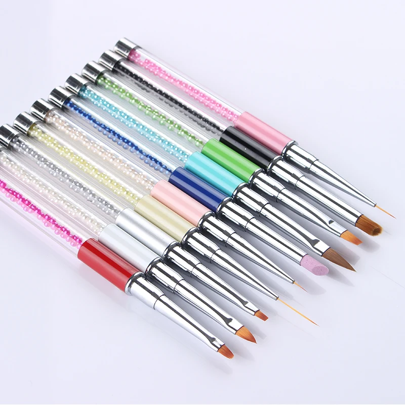 

1Pc UV Gel Painting Liner Nail Pen Brush Colorful Bead Handle Quartz Cuticle Remover Manicure Nail Art Brush Tool