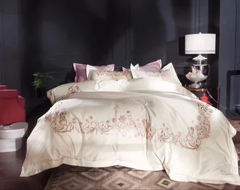 

100S Egyptian Cotton Luxury Embroidered Ivory Bedding Set 4Pcs King Queen Size Wedding Bed Sheet Sets Duvet Cover Pillowcases