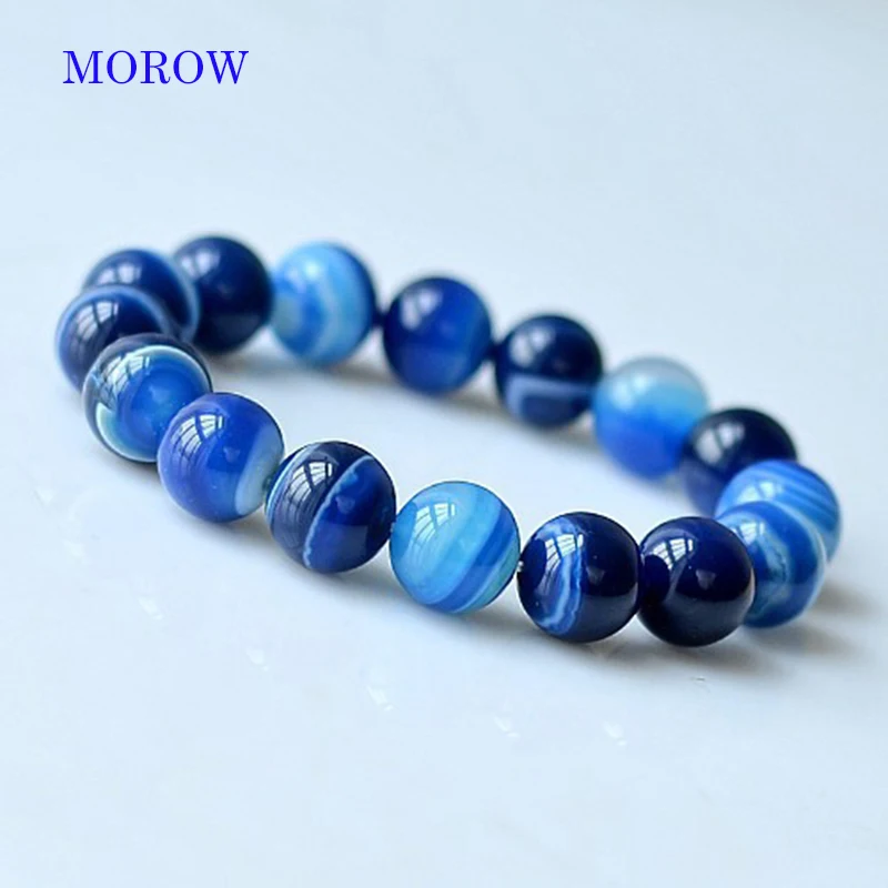 MOROW Charm Natural Stone Bracelets High Quality Sea Blue Agates Round Beads Fashion Yoga Elastic Rope Bracelet for Womens Mens (5)