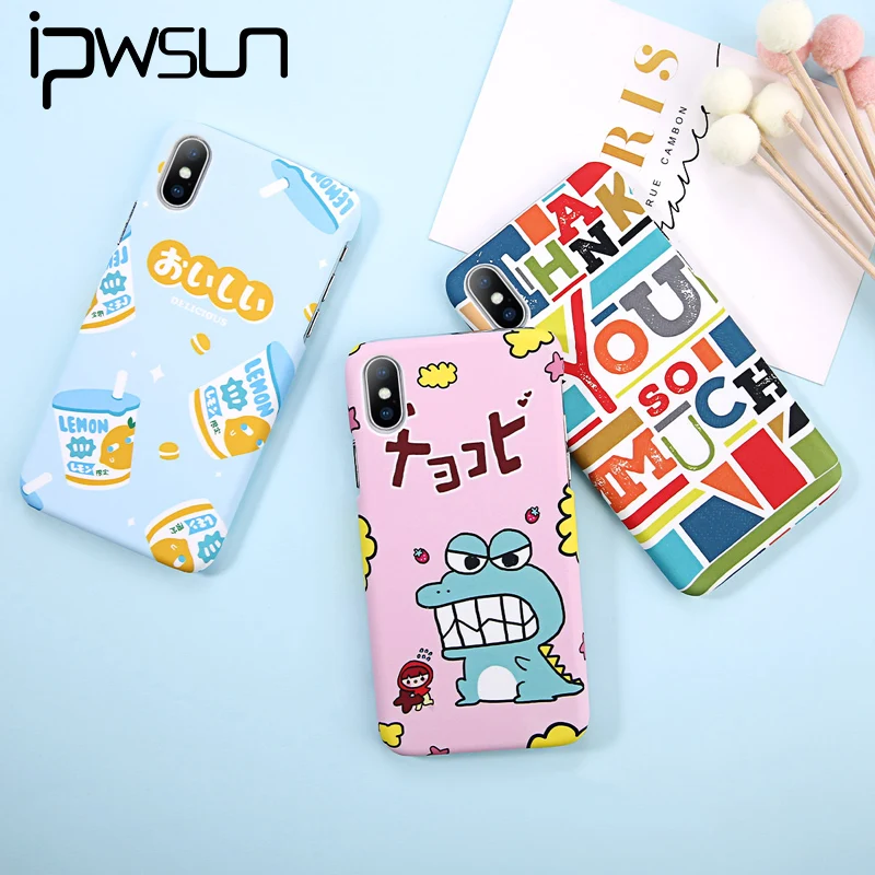 

iPWSOO Cartoon Phone Case For iPhone 6 6S 7 8 Plus X Case Cute Dinosaur Dog Strawberry Drink Pattern Hard PC For iPhone 7 Fundas
