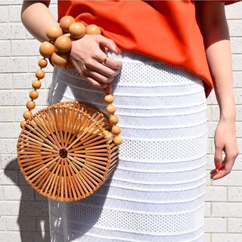 

3PCS / LOT Bamboo Basket Circle Bag Woven Retro Hollow Out Straw Bag Summer Wood Beach Bags Beaded Shoulder Bag Bali Style